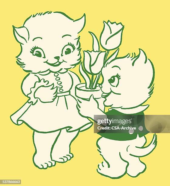 jungen und mädchen mit kleinen kätzchen - tulips cat stock-grafiken, -clipart, -cartoons und -symbole