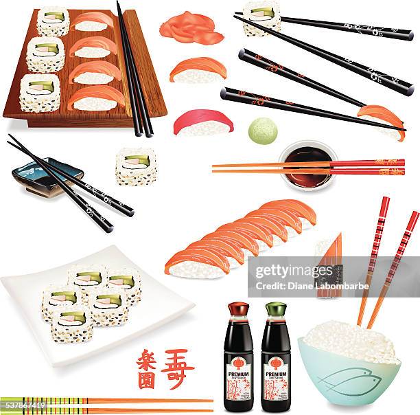 realistic sushi foods with sashimi, chopsticks, soy sauce and dinnerware - california roll stock illustrations