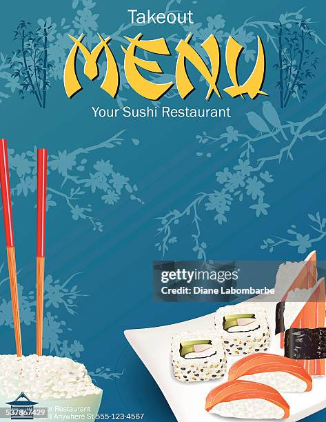 sushi restaurant menu template or background with sakura and sashimi - california roll stock illustrations