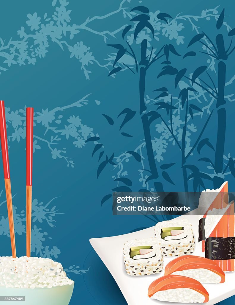 Sushi Restaurant Menu Template Or Background With Sakura And Sashimi