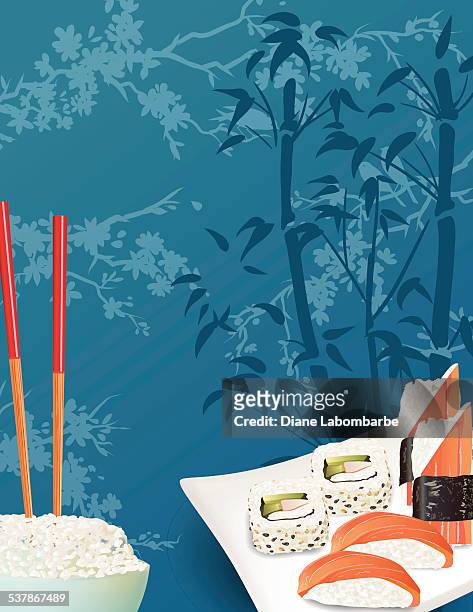 sushi restaurant menu template or background with sakura and sashimi - futomaki stock illustrations