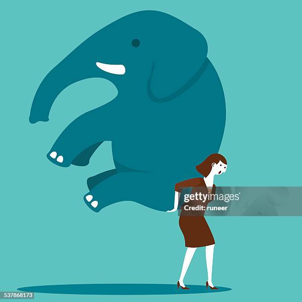 businesswoman moving an elephant with determination | new business concept - over burdened stock illustrations