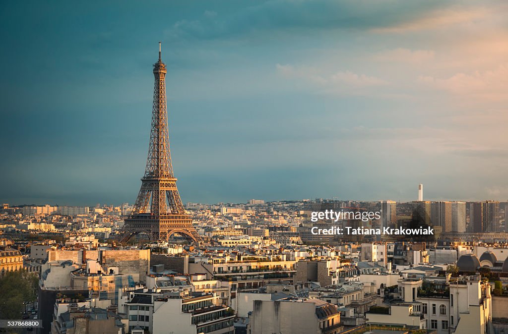 Skyline of Paris with Eiffel Tower during sunset (Paris, France)