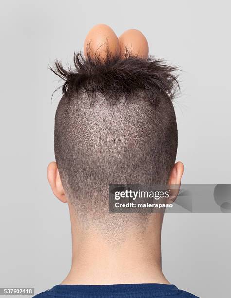 garçon avec les cheveux en forme de nid et deux œufs - shaved-buzz-cut-back-of-head photos et images de collection