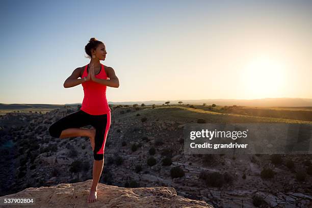 young woman of ethnic descent performing yoga outdoors - spandex stockfoto's en -beelden