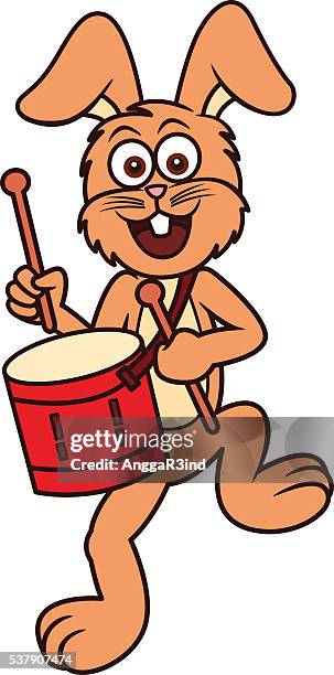 rabbit playing drum cartoon - hare white background stock illustrations