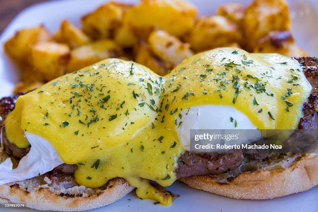 Eggs Benedict over a beef sirloin steak, high protein...