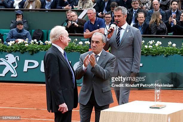 President of French Tennis Federation Jean Gachassin , Animator Marc Maury and the Central Court pay tribute to the last Tennis player who has won...