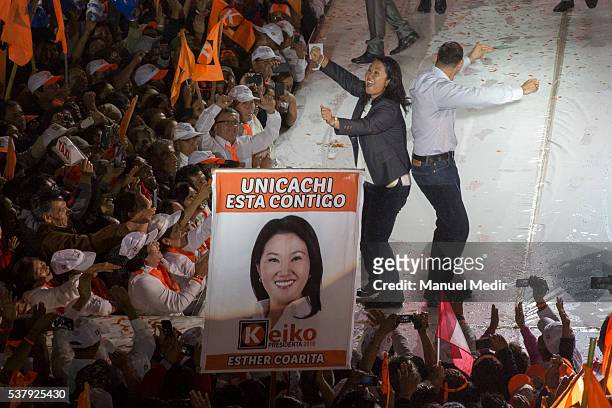 Presidential Candidate for Fuerza Popular Keiko Fujimori dances with her husband Mark Villanella during her closing campaign rally at Villa el...