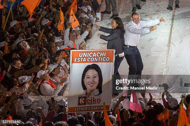 Presidential Candidate for Fuerza Popular Keiko Fujimori dances with her husband Mark Villanella during her closing campaign rally at Villa el...