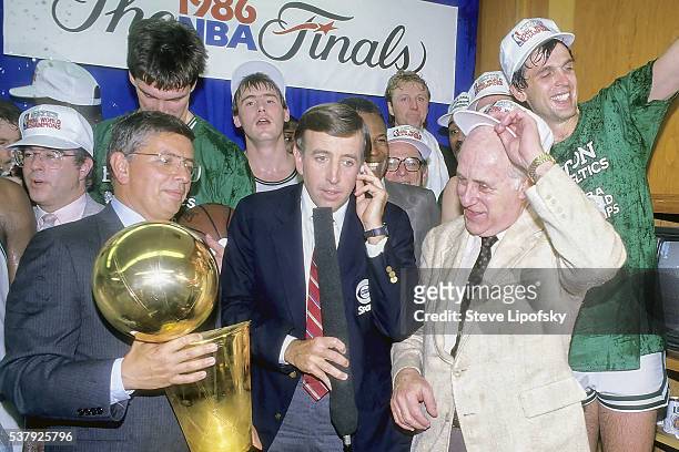 Finals: NBA Commissioner David Stern, CBS announcer Brent Musberger, Celtics president Red Auerbach in foreground, Celtics assistant general manager...