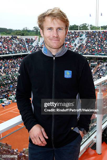 Navigator Francois Gabart poses at France Television french chanel studio during Day Thirteen of the 2016 French Tennis Open at Roland Garros on June...