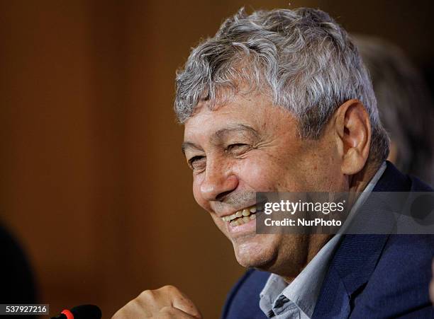 Mircea Lucescu laughs during his first press conference as head coach of FC Zenit St. Petersburg on June 3, 2016 in Saint Petersburg.