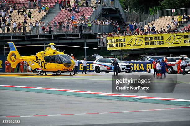 The Spanish ride, Luis Salom, after the accident during the Moto2 Free Prctice 2, June 3, 2016 in Barcelona, Spain.