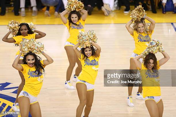 The Golden State Warriors dance team entertains the crowd in Game One of the 2016 NBA Finals against the Cleveland Cavaliers on June 2, 2016 at...