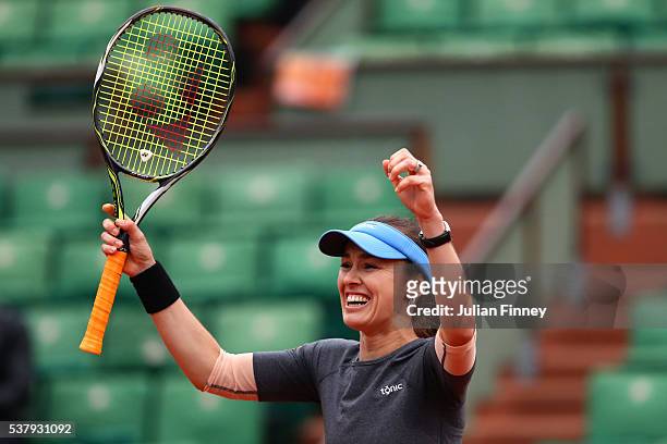 Martina Hingis of Switzerland celebrates victory during the Mixed Doubles final match against Sania Mirza of India and Ivan Dodig of Croatia on day...