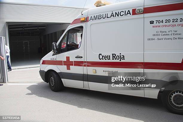 The ambulance with Luis Salom of Spain and SAG Team arrives in medical center after the crashed out during the free practice during the MotoGp of...