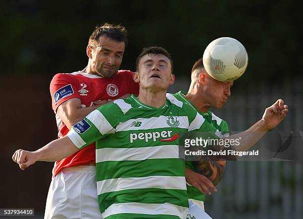 Dublin , Ireland - 3 June 2016; Christy Fagan of St Patricks Athletic in action against Rob Cornwall and Jason McGuinness of Shamrock Rovers during...