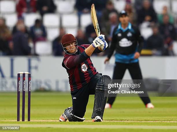 Richard Levi of Northamptonshire in action batting during the NatWest T20 Blast match between Northamptonshire and Worcestershire at The County...