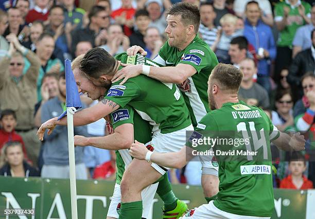 Cork , Ireland - 3 June 2016; Stephen Dooley, left, of Cork City celebrates after scoring his side's first goal with teammates Sean Maguire, Steven...