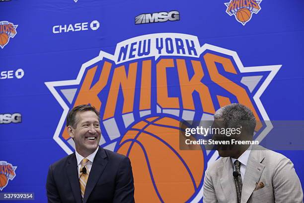 The New York Knicks Steve Mills introduces Jeff Hornacek as their new head coach during a press conference at the Knicks Practice Center on June 3,...