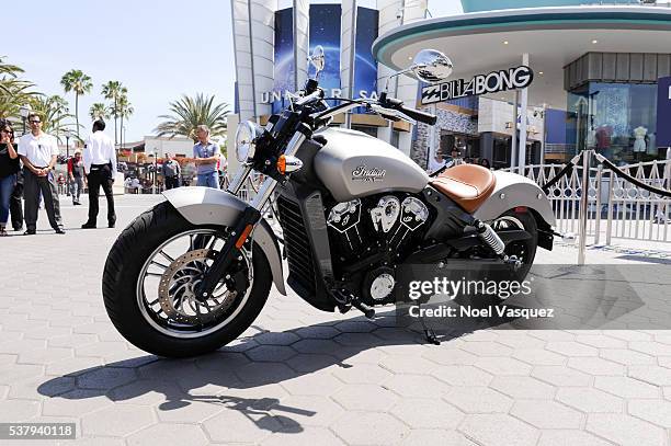 An Indian Motorcycle is displayed at "Extra" at Universal Studios Hollywood on June 3, 2016 in Universal City, California.