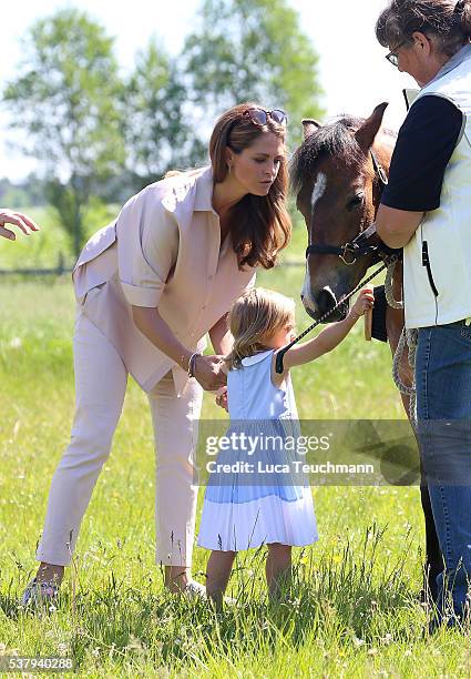 Princess Leonore of Sweden and her mother Princess Madeleine of Sweden are seen visiting the stables on June 3, 2016 in Gotland, Sweden. Duchess...