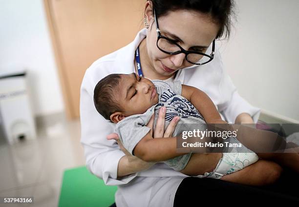 Dr. Stella Guerra performs physical therapy on an infant born with microcephaly at Altino Ventura Foundation on June 2, 2016 in Recife, Brazil....