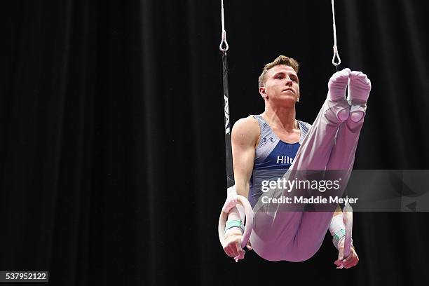 Eddie Penev competes on the rings during the Men's P&G Gymnastics Championships at the XL Center on June 3, 2016 in Hartford, Connecticut.