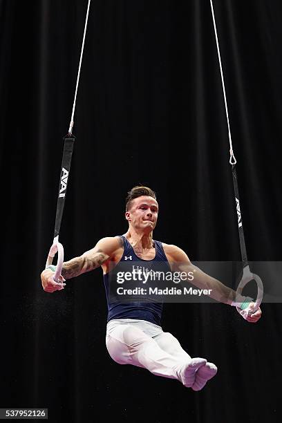 Paul Ruggeri III competes on the rings during the Men's P&G Gymnastics Championships at the XL Center on June 3, 2016 in Hartford, Connecticut.