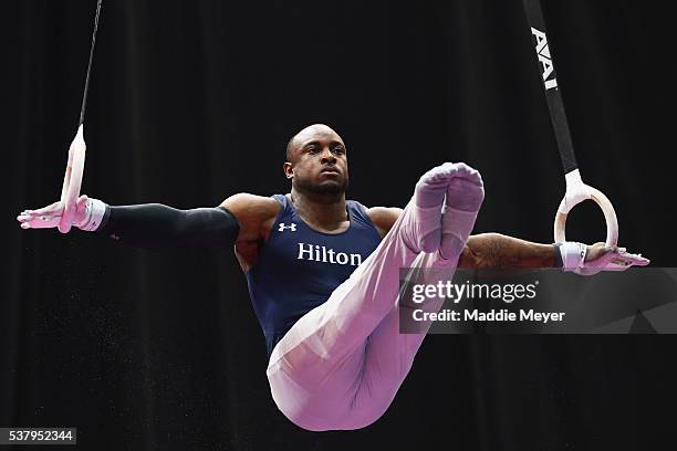 Donnell Whittenburg competes on the rings during the Men's P&G Gymnastics Championships at the XL Center on June 3, 2016 in Hartford, Connecticut.