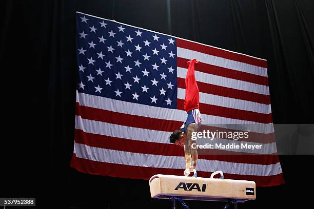 Maestas competes on the pommel horse during the Men's P&G Gymnastics Championships at the XL Center on June 3, 2016 in Hartford, Connecticut.