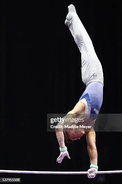 Sam Mikulak competes on the horizontal bar during the Men's P&G Gymnastics Championships at the XL Center on June 3, 2016 in Hartford, Connecticut.