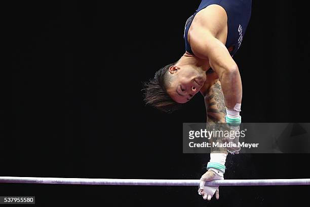 Paul Ruggeri III competes on the horizontal bar during the Men's P&G Gymnastics Championships at the XL Center on June 3, 2016 in Hartford,...
