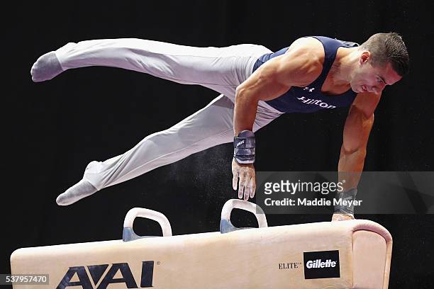 Jacob Dalton competes on the pommel horse during the Men's P&G Gymnastics Championships at the XL Center on June 3, 2016 in Hartford, Connecticut.