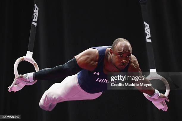 Donnell Whittenburg competes on the rings during the Men's P&G Gymnastics Championships at the XL Center on June 3, 2016 in Hartford, Connecticut.