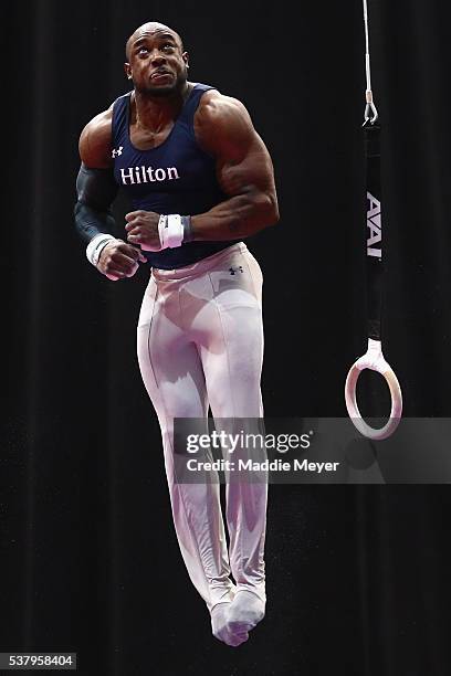 Donnell Whittenburg competes on the rings during the Men's P&G Gymnastics Championships at the XL Center on June 3, 2016 in Hartford, Connecticut.