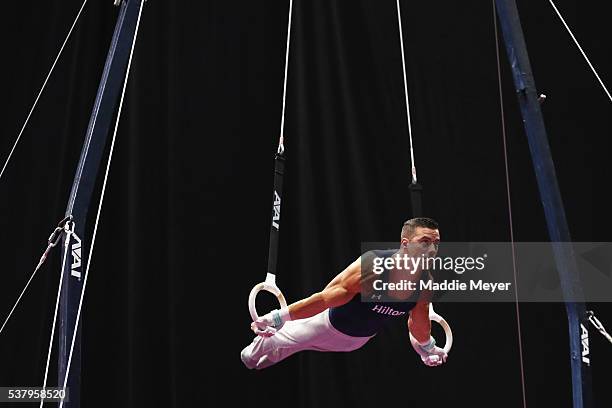 Jacob Dalton competes on the rings during the Men's P&G Gymnastics Championships at the XL Center on June 3, 2016 in Hartford, Connecticut.