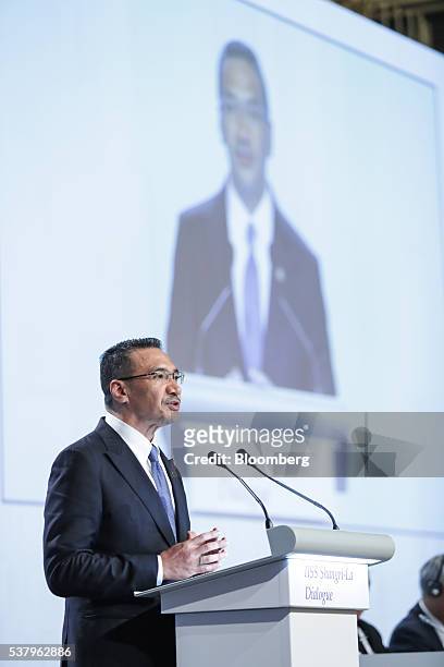 Hishammuddin Hussein, Malaysia's defense minister, speaks during the IISS Shangri-La Dialogue Asia Security Summit in Singapore, on Saturday, June 4,...