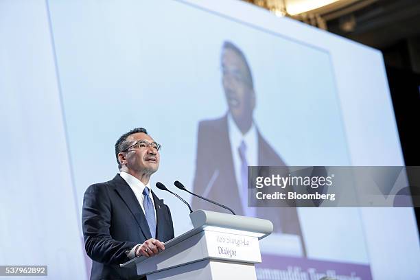 Hishammuddin Hussein, Malaysia's defense minister, speaks during the IISS Shangri-La Dialogue Asia Security Summit in Singapore, on Saturday, June 4,...