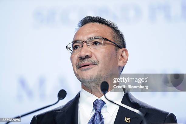 Hishammuddin Hussein, Malaysia's defense minister, speaks during the IISS Shangri-La Dialogue Asia Security Summit in Singapore, on Saturday, June 4,...