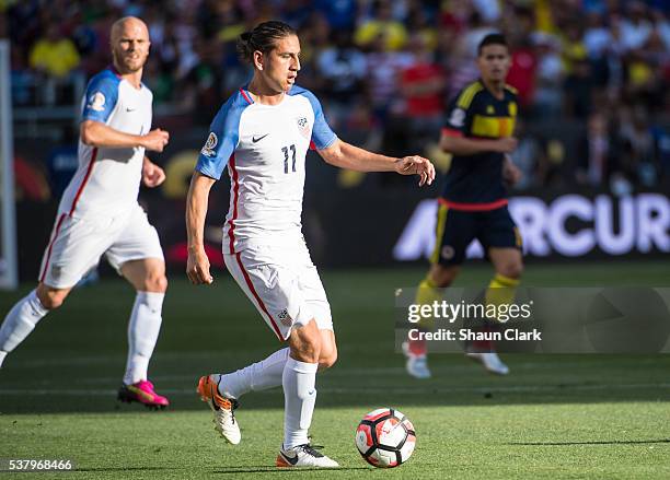 Alejandro Bedoya of United States looks upfield during the Copa America Centenario Group A match between the United States and Columbia at Levi's...