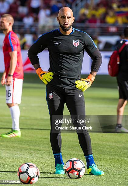 Tim Howard of United States warms up for the Copa America Centenario Group A match between the United States and Columbia at Levi's Stadium on June...