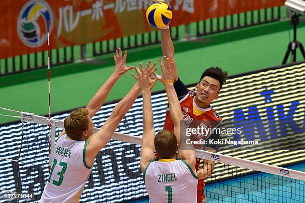 Qingyao Dai of China spikes the ball during the Men's World Olympic Qualification game between China and Australia at Tokyo Metropolitan Gymnasium on...