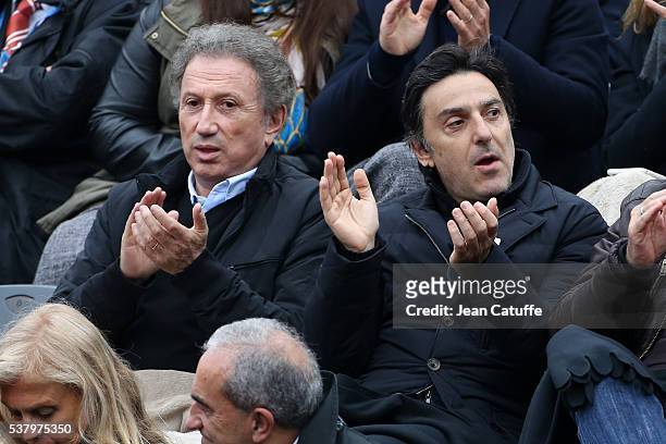 Michel Drucker and Yvan Attal attend day 13 of the 2016 French Open held at Roland-Garros stadium on June 3, 2016 in Paris, France.