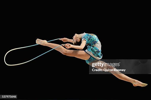 Giorgia Chin of West Australia competes with the rope in the rhythmic gymnastics during the 2016 Australian Gymnastics Championships at Hisense Arena...
