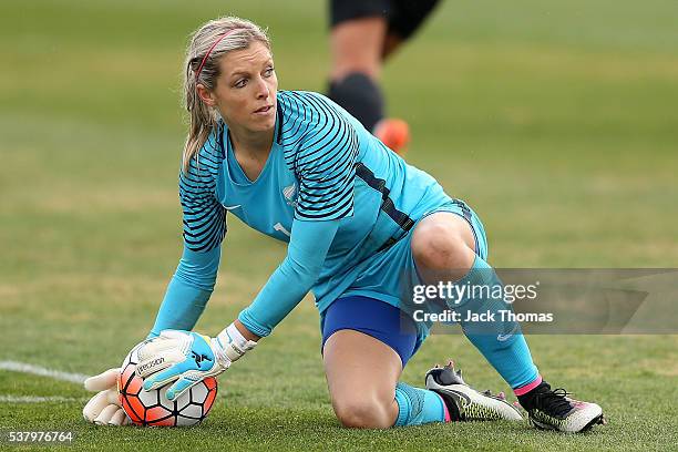 Goalkeeper Erin Nayler of New Zealand controls the ball during the women's international friendly match between the Australian Matildas and the New...