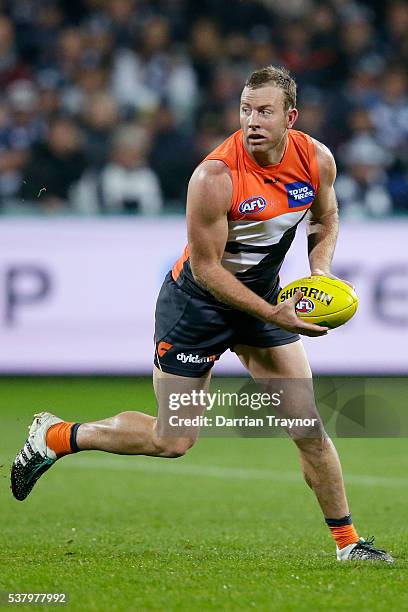 Steve Johnson of the Giants gathers the ball during the round 11 AFL match between the Geelong Cats and the Greater Western Sydney Giants at Simonds...