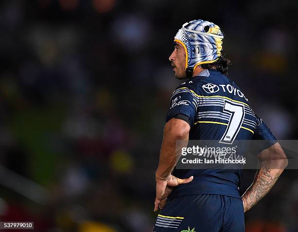 Johnathan Thurston of the Cowboys looks on during the round 13 NRL match between the North Queensland Cowboys and the Newcastle Knights at 1300SMILES...