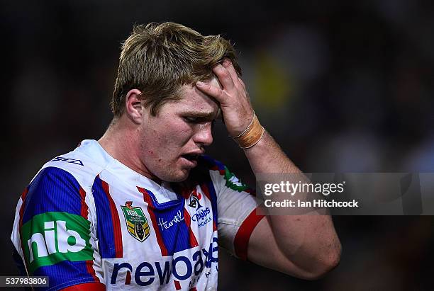 Josh King of the Knights gestures after being replaced during the round 13 NRL match between the North Queensland Cowboys and the Newcastle Knights...